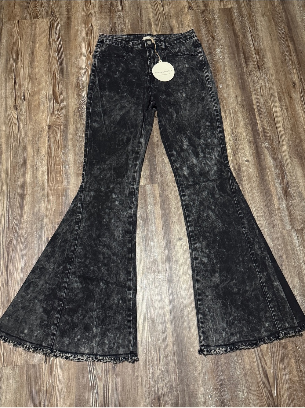 Saints & Hearts Super Flare Jeans Women's Large Black Acid Wash Frayed Hem NWT